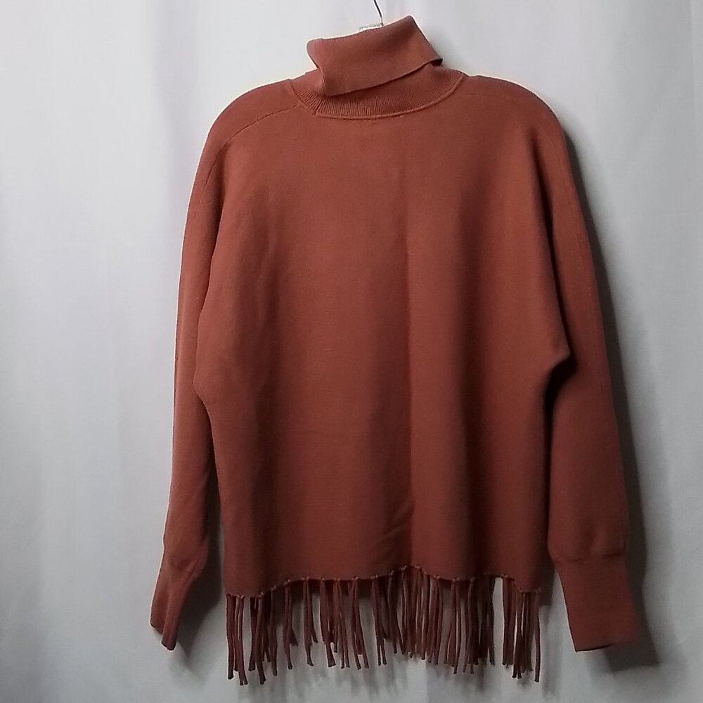 CARMEN MARC VALVO TASSEL HEM RUSTY BROWN TURTLENECK SWEATER SIZE M
